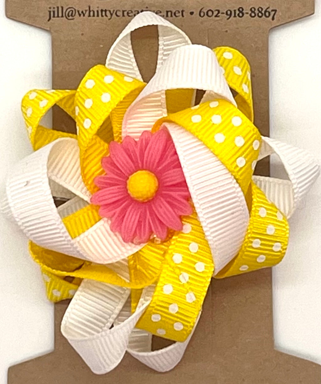 Circle Bow with Satin Flower Accent (Yellow & White with Pink Floral Accent)