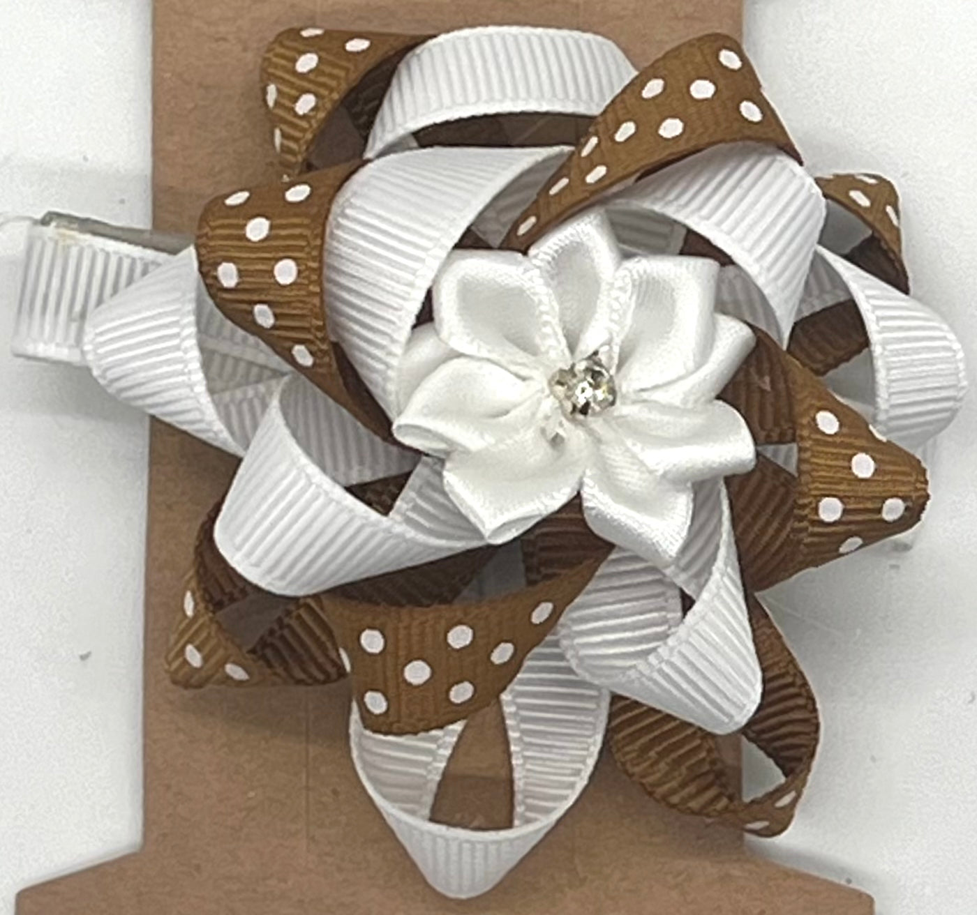 Circle Bow with Satin Flower Accent (Brown & White)