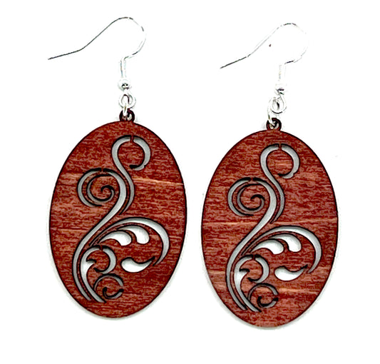 Laser cut wooden oval earrings with scroll design