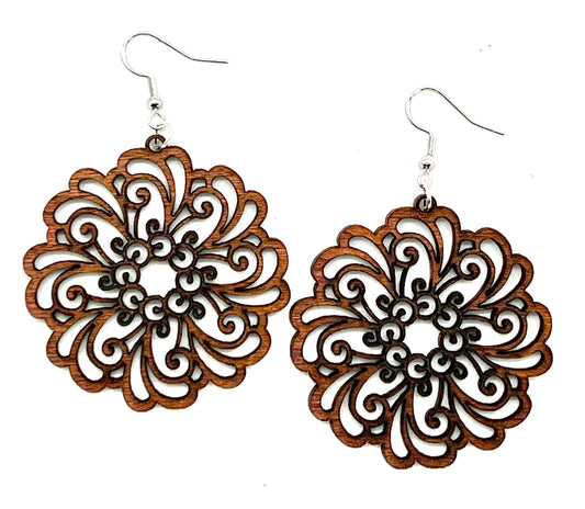 Detailed laser woodcut floral earrings