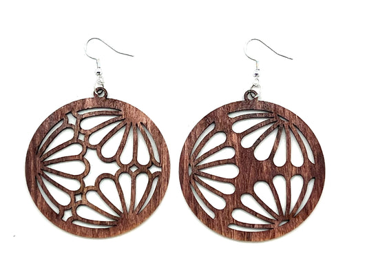 Woodcut Laser Earrings Circular Flower Design 1