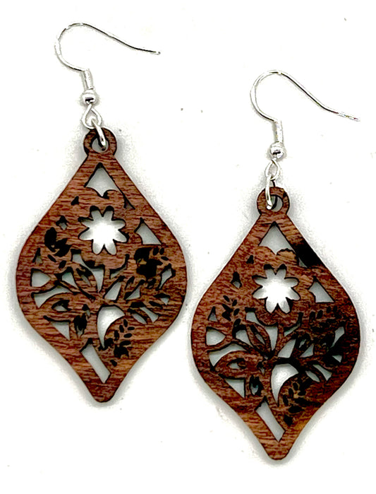 Laser cut wooden earrings floral pattern